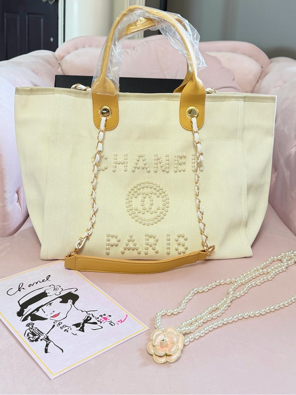 CHANEL Cream & Tan Canvas Pearl Logo Tote